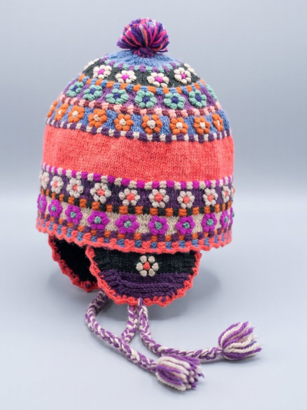 Andean Knitted Wool Chullo Hat with Llama Motifs and Multicolored Pom-poms